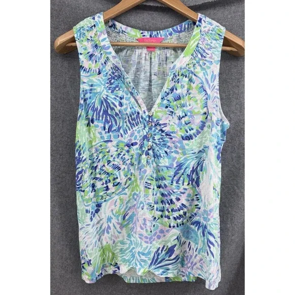 Lilly Pulitzer Essie Tank Top Womens Large Shell Of A Party Blue Green Tropical - Picture 2 of 7